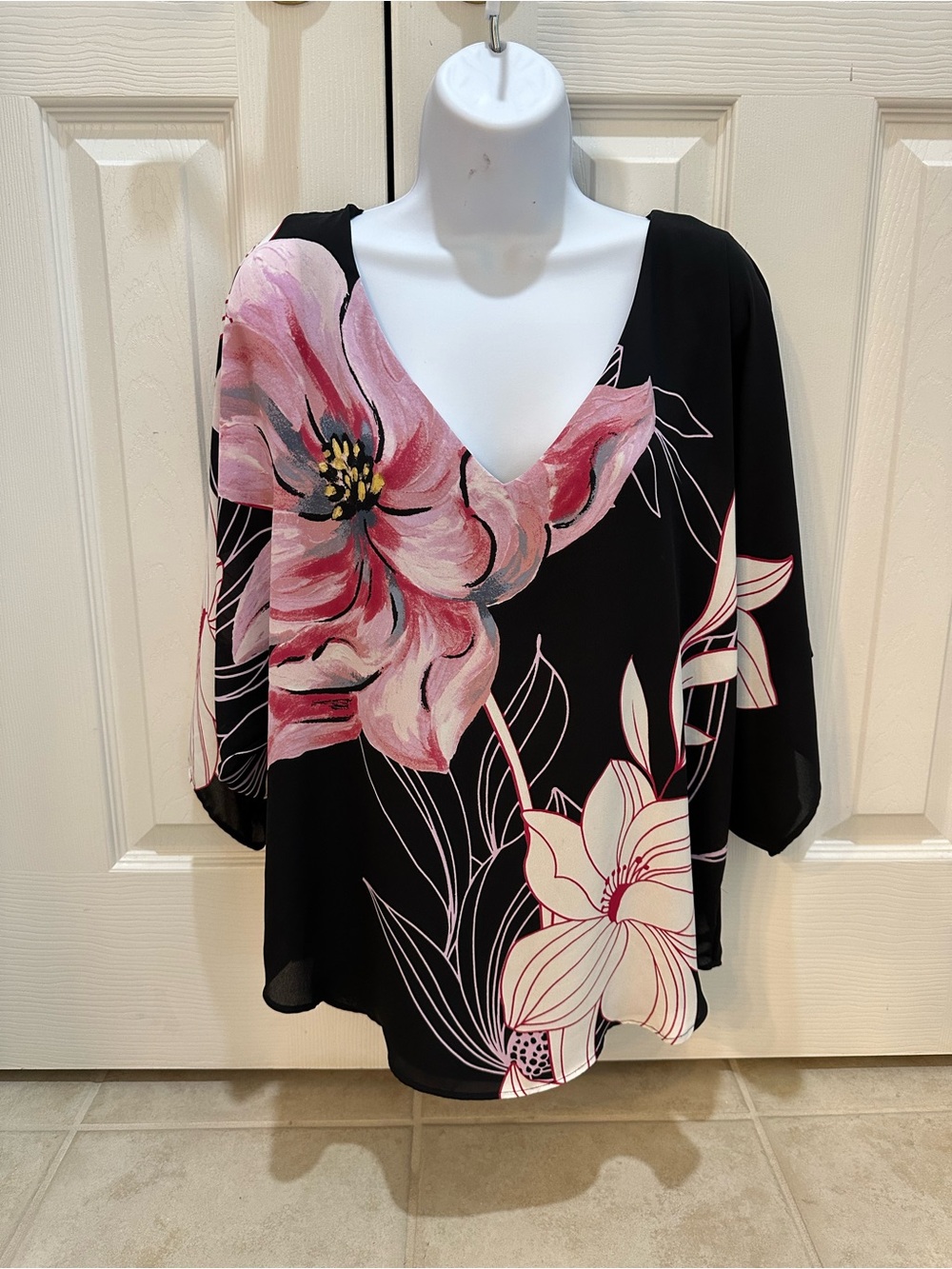 White House Black Market Black V-Neck Floral Blouse with Pink Accent